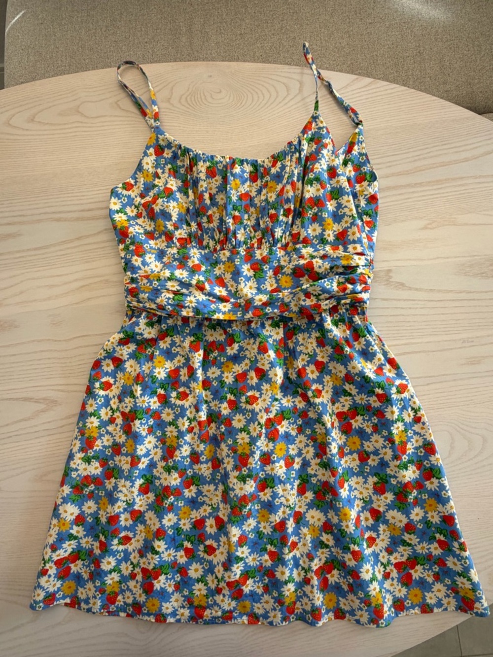 Floral Spaghetti Strap Sundress - Blue with strawberries Yellow & White Flowers